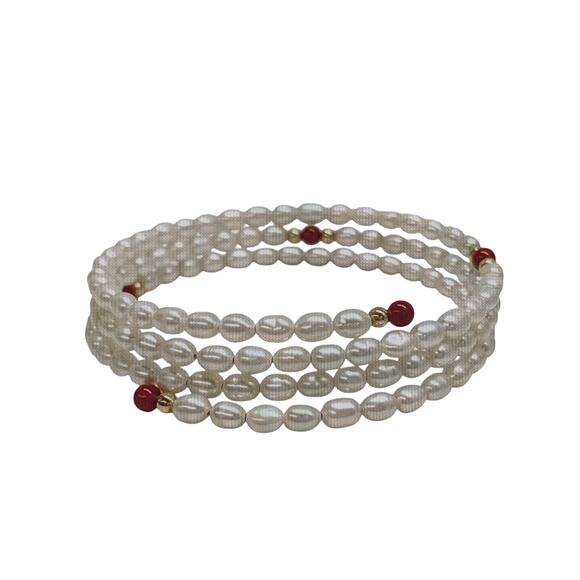 14K Gold Accent Carnelian Bead Cultured Freshwater Pearl Coiled Wire Bracelet - Picture 2 of 6